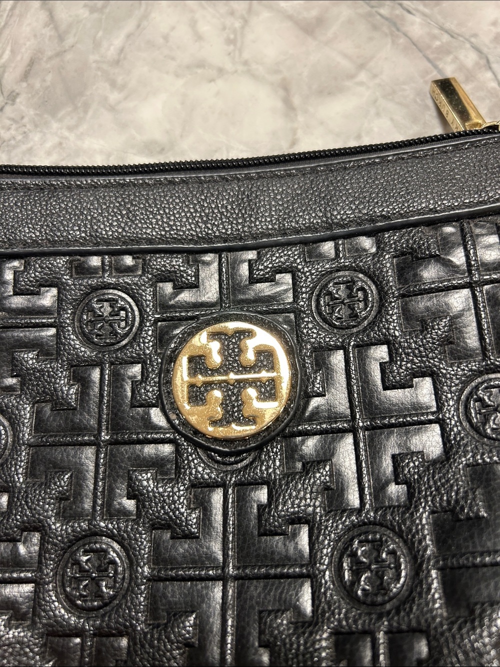 Tory Burch Black embossed leather Logo Pouch with Gold Tory Burch logo Accent. - Picture 9 of 12